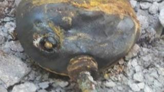 Remnant of yellow gas cylinder that struck a make-shift hospital in al-Latamina on March 25, 2017 according to a Syria Civil Defense member