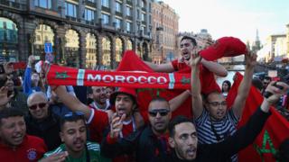 Supporters of Morocco gather in St Petersburg ahead of the 2018 FIFA World Cup on June 13, 2018 in St Petersburg, Russia