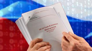 Illustration of confidential UK government documents held in front of a Russian flag.