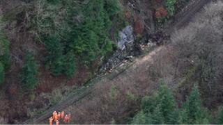 Aerial view of rail line damage
