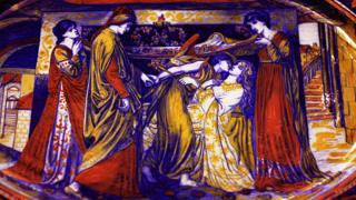 Plato esmaltado de loza que representa 'El sueño de Dante" por Dante Rossetti. Muestra a Dante guiado por la figura angelical del amor, al lecho de muerte de su amada Beatrice.