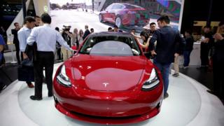 A Tesla Model 3 car is on display at a media preview at Auto China Auto Show 2018 in Beijing, China on April 25, 2018