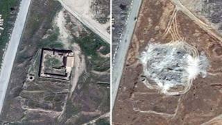 Спутниковые снимки, предоставленные DigitalGlobe, сделанные 31 марта 2011 года и 28 сентября 2014 года, показывающие местонахождение монастыря Святого Илии, или Дейр-Мар-Элия, на окраине Мосула, Ирак
