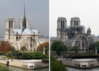 Composite image of Notre-Dame cathedral before and after the fire