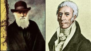 el inglés Charles Darwin (izq.) el francés Lamarck (der.).