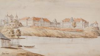 Заслав. Палац Сангушків (праворуч). Вид з річки Горинь. 1872р. Художник Наполеон Орда