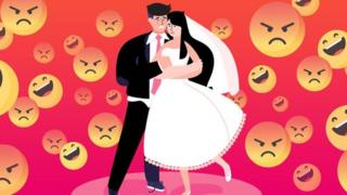 Ilustração de noivos tristes e abraçados com emojis no fundo