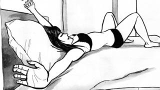 Ilustración de una mujer en la cama desperezándose
