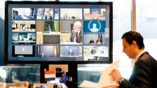 Netherlands' Finance Minister Wopke Hoekstra looks on during a video conference with EU finance ministers in The Hague