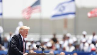 US President Donald J. Trump speaks on the podium after arriving at Ben Gurion Airport in Lod, outside Tel Aviv, Israel, 22 May 2017