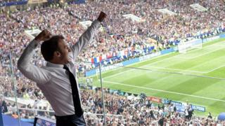   Emmanuel Macron celebrates the victory of France on the stands 
