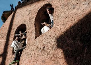 Ethiopian Orthodox pilgrims attend the Christmas celebrations at Saint Mary's Church in Lalibela, Ethiopia - Monday 7 January 2019
