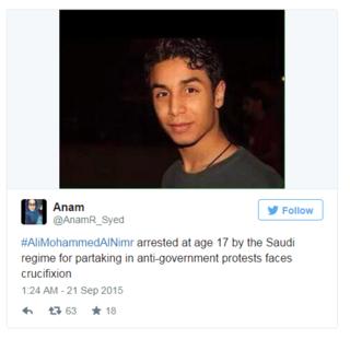 Активисты освещают дело Али Мохаммеда Бакира аль-Нимра, который был приговорен к смертной казни через распятие