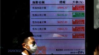 A man wearing a face mask walks past a Hang Seng Index Board.