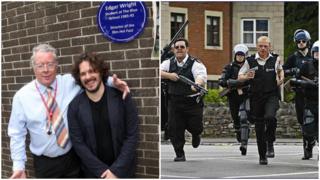 Philip Welch and Edgar Wright at Blue Plaque and a scene from Hot Fuzz