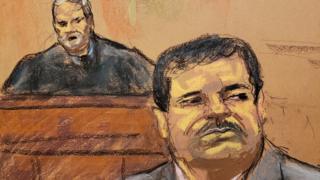 Sketch de El Chapo durante la audiencia en la que se dio a conocer su sentencia.