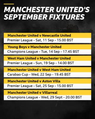 Manchester United September fixtures: Newcastle (h), Young Boys (a), West Ham (a), West Ham (h), Aston Villa (h), Villarreal (h)