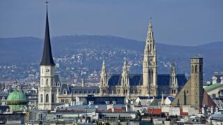 Panorama view over Vienna. St. Michael's Church;Town hall and Minorites Church.