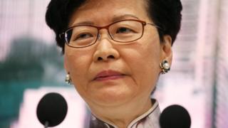 Hong Kong Chief Executive Carrie Lam looks down during a news conference in Hong Kong, China, June 15, 2019.