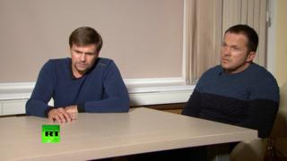 Two Russian men claiming to be Alexander Petrov and Ruslan Boshirov give an interview to RT news channel