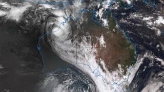 A satellite image of Cyclone Joyce as it nears Australia's north-west coast