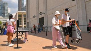 New Yorkers in need receive free produce, dry goods, and meat at a Food Bank For New York City distribution event at Lincoln Center on July 29, 2020 in New York City.