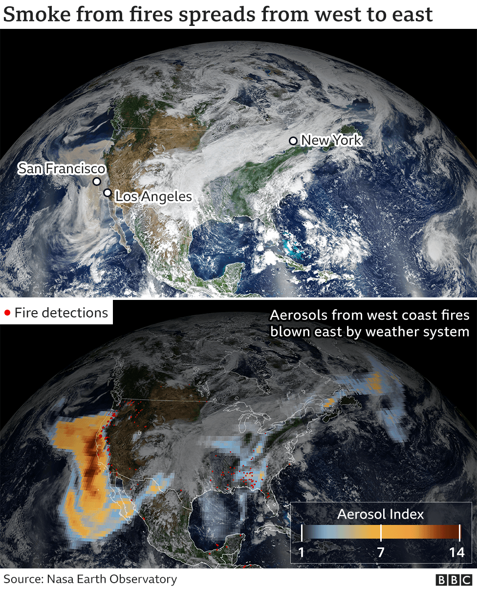 Nasa satellite image showing plumes of smoke crossing the US