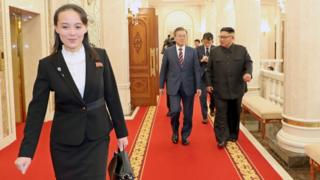 Kim Yo-jong (L, front), North Korean leader"s sister and Vice Director of the Propaganda and Agitation Department of the Workers" Party of Korea, makes her way before South Korean president Moon Jae-in (C) and North Korean leader Kim Jong-un (R) prior to their meeting at the Labor Party Office in Pyongyang,