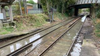 Flooded railway line in Kent