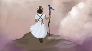 A drawing of a girl in a white dress holding a wooden staff with a bird sitting on top, is looking at clouds from a mountain top