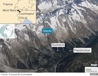 Autoridades del municipio italiano de Courmayeur destacaron en amarillo el área del glaciar que está en peligro de colapsar.