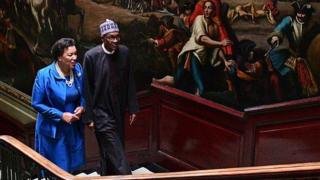 Nigeria president Muhammadu Buhari and Patricia Scotland (R), secretary-general of the Commonwealth