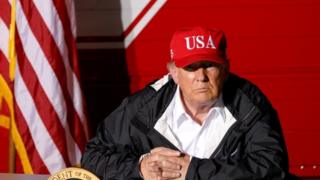 Donald Trump speaks during a briefing at Lake Charles Fire House as he visits nearby areas damaged by Hurricane Laura in Lake Charles, Louisiana