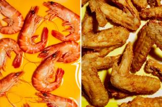 Two images showing prawns and fried prawns