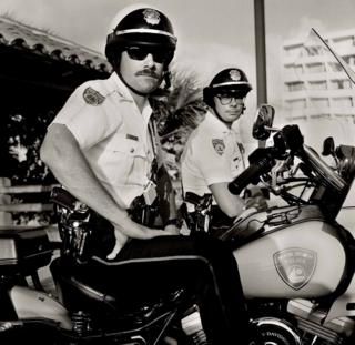 Two policemen on motorbikes in Miami Beach