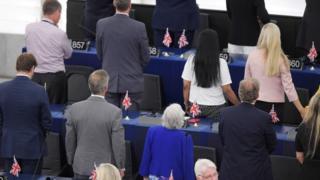 Brexit Party MEPs turning their backs at the European Parliament