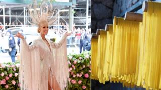 Celine Dion and pasta drying on a rack