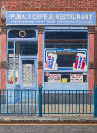 A painting of the front of a cafe by Doreen Fletcher