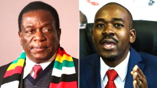 Emmerson Mnangagwa (ibumoso) na Nelson Chamisa ni bo bahanganye muri aya matora