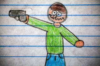 Uno de los dibujos de los niños del Centro Educativo Dr. Bloem en Sacoj Mixco y la escuela oficial del asentamiento La Paz en Villa Nueva de Guatemala sobre violencia.