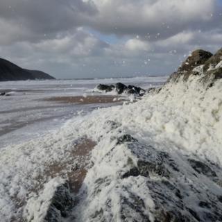 The foaming sea at Woolacombe Beach in Devon
