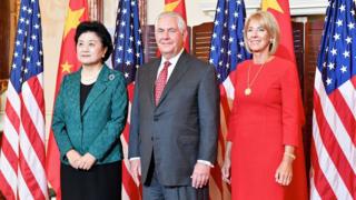 A handout photo made available by the United States Department of State (DOS) shows US Secretary of State Rex Tillerson (C) posing for a photo with Chinese Vice Premier Liu Yandong (L) and US Secretary of Education Betsy DeVos before hosting a working breakfast for "Chinese Vice Premier Liu Yandong for the US - China Social and Cultural Dialogue" at the US Department of State in Washington, DC, USA, 28 September 2017