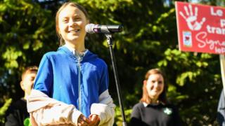 Swedish climate activist Greta Thunberg speaks during a press conference in Montreal