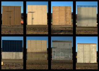 Montaje con los ocho prototipos de muros construidos en la frontera entre México y Estados Unidos.