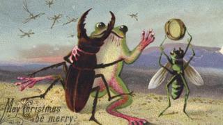 Victorian Christmas card with dancing frog and insects