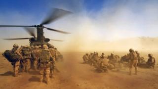 a RAF CH47 Chinook waits in Afghanistan