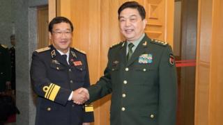 Chinese State Councilor and Defense Minister Chang Wanquan (R) meets with Pham Hoai Nam, commander of the Vietnam People's Navy, in Beijing, capital of China, March 15, 2017.