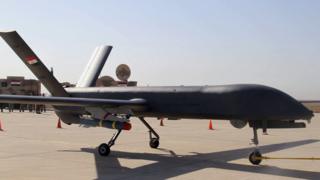 The first drone to be used by the Iraqi Air Force, loaded with ordnance, prepares to take-off to attack Islamic State group positions at an airbase in Kut 10 October 2015