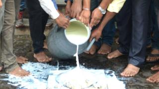 मंदिरात दूध ओतून आंदोलन करताना