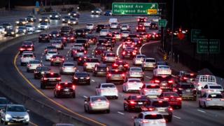 Motor vehicles drive on the 101 freeway in Los Angeles, California on 17 September, 2019